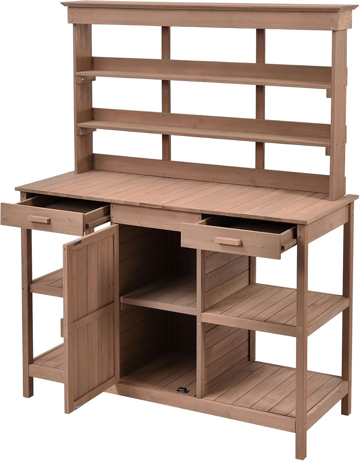 66' Large Outdoor Potting Table with 2 Drawers, Cabinet, Open Shelves, Wooden Potting Bench for Garden, Patio, Farmhouse, Backyard, Spacious Workstation (Brown, 66')