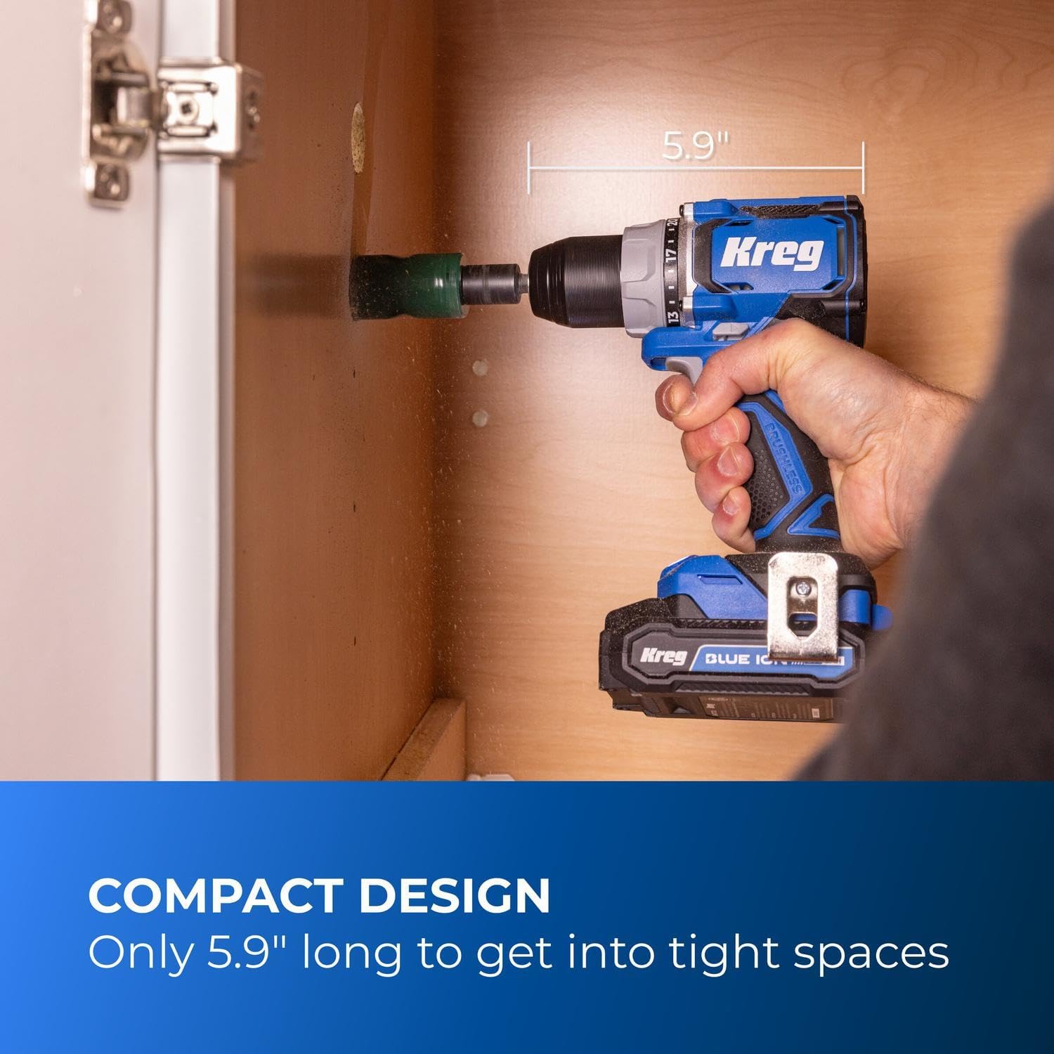 Kreg 20V Ionic Drive 1/2' Compact Drill, 20V Blue Ion Charger & 2Ah Battery Pack - Professional Cordless Drill with Compact Design - For Woodworking & Everyday DIY Applications - KPTBDR050A