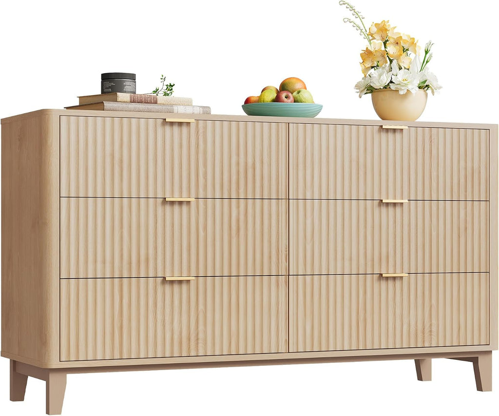 WLIVE Fluted Dresser for Bedroom with 6 Drawers, 54' Wide Wood Dresser with Metal Handles, TV Stand for 65 inch TV, Mid Century Modern Chest of Drawers for Living Room, Hallway, Closet, Natural Oak