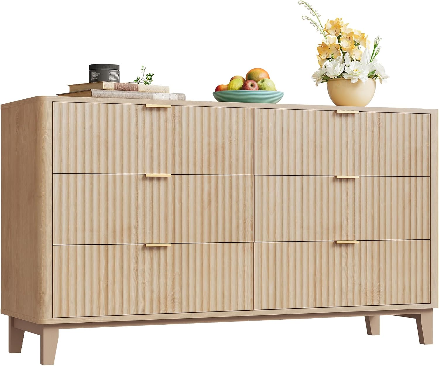 WLIVE Fluted Dresser for Bedroom with 6 Drawers, 54' Wide Wood Dresser with Metal Handles, TV Stand for 65 inch TV, Mid Century Modern Chest of Drawers for Living Room, Hallway, Closet, Natural Oak