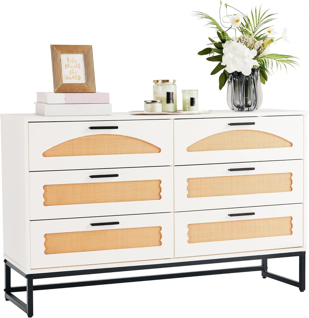 Mericonia 6 Drawer Double Dresser for Bedroom, Rattan Chest of Dressers, Modern Wooden Dresser Chest with Metal Frame for Bedroom, Living Room, Hallway and Entryway, White