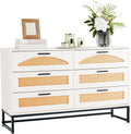 Mericonia 6 Drawer Double Dresser for Bedroom, Rattan Chest of Dressers, Modern Wooden Dresser Chest with Metal Frame for Bedroom, Living Room, Hallway and Entryway, White