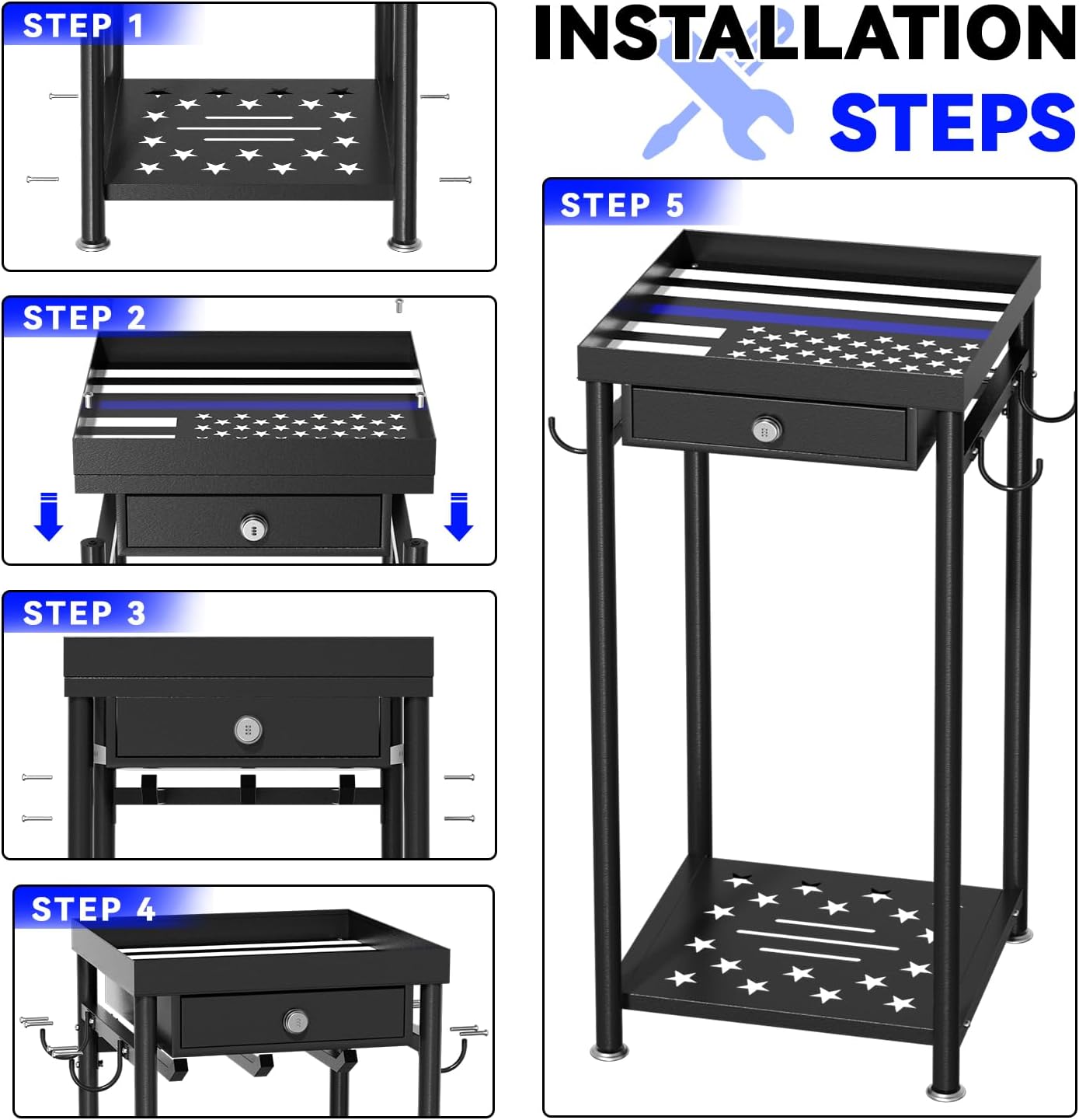 Heavy Duty Police Gear Rack with Drawer, Freestanding Tactical Duty Gear Rack Organizer with Hooks, Black Body Armor Stand for Storing Uniform, Vest Belt Helmet, Police Gift