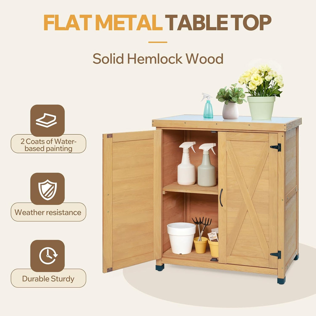 Potting Bench with Storage Cabinet and Metal Table Top for Outdoor Patio Garden Work Station Table Solid Wood X-Shape Design Light Brown