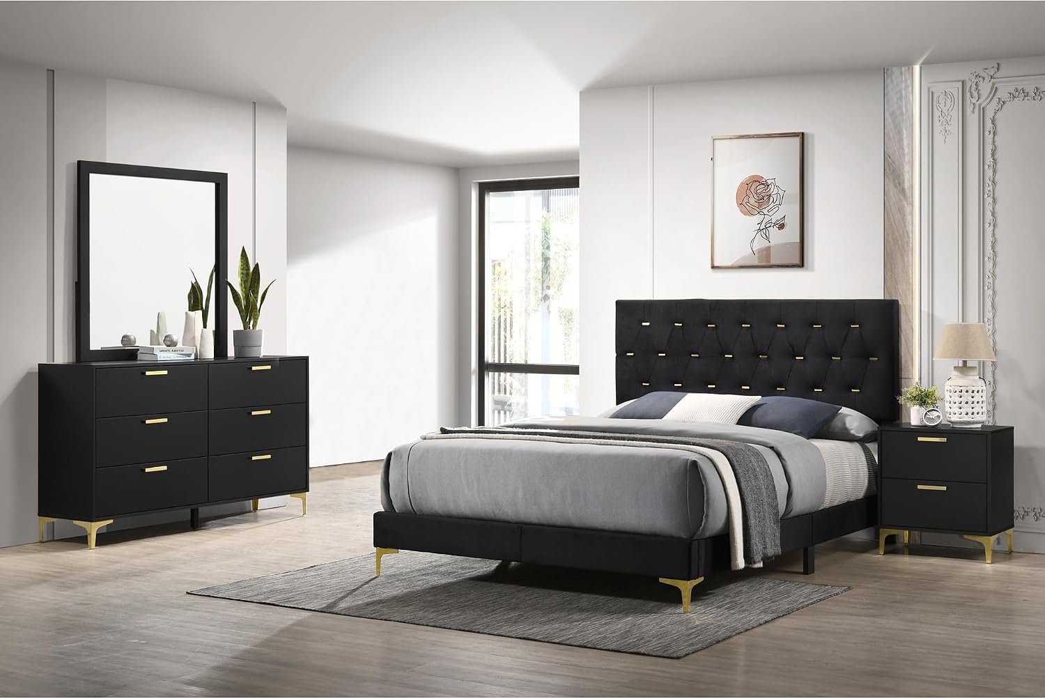 Black,Gold 4 Tufted Panel California King Bedroom Set