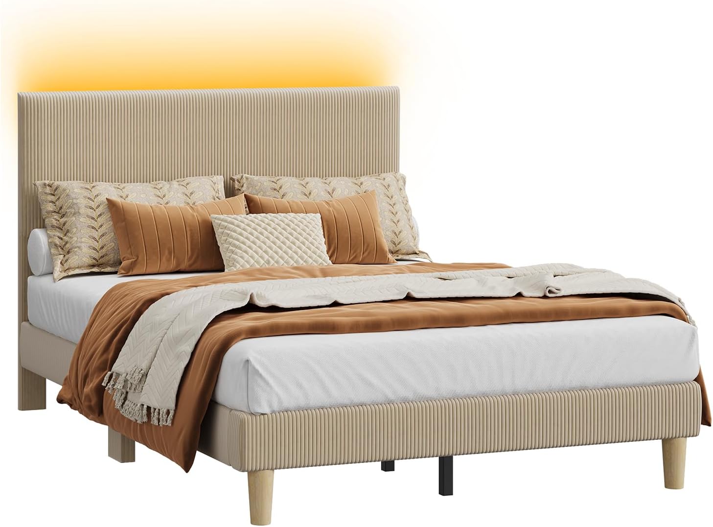 Bestier Full Size Bed Frame with Adjustable Headboard,LED Lighting,Vertical Channel Tufted Corduroy Upholstered, Solid Wooden Slats Support,No Box Spring Needed,Never Squeaks,Easy Assembly, Taupe
