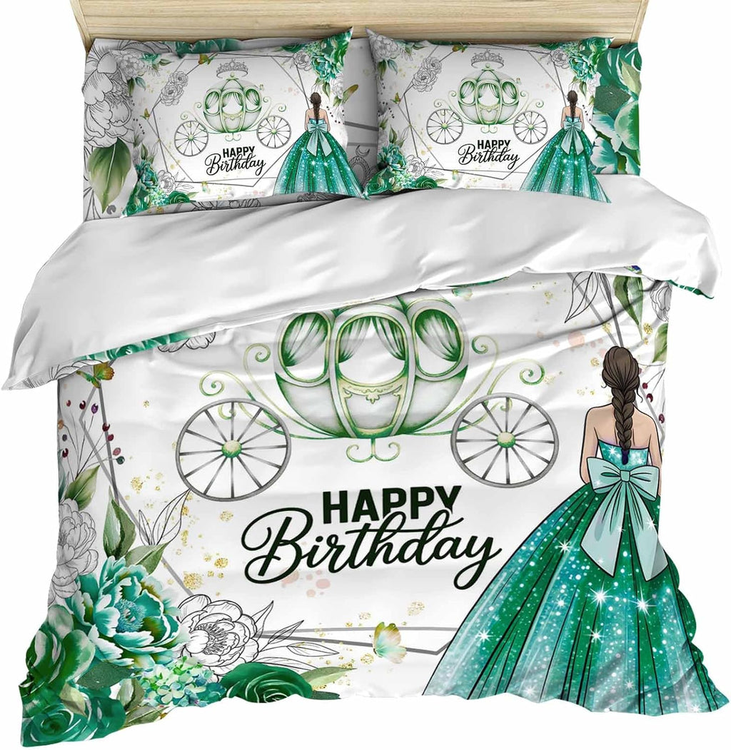Happy Birthday Duvet Cover Full Size - 4 Pieces Bedding Set, Green Luxury Dress Crown Carriage Flowers Bedding Comforter Covers Zipper Closure, 1 Duvet Covers 1 Fitted Sheet 2 Pillow Shams