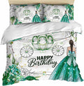 Happy Birthday Duvet Cover Queen Size - 4 Pieces Bedding Set, Green Luxury Dress Crown Carriage Flowers Bedding Comforter Covers Zipper Closure, 1 Duvet Covers 1 Fitted Sheet 2 Pillow Shams