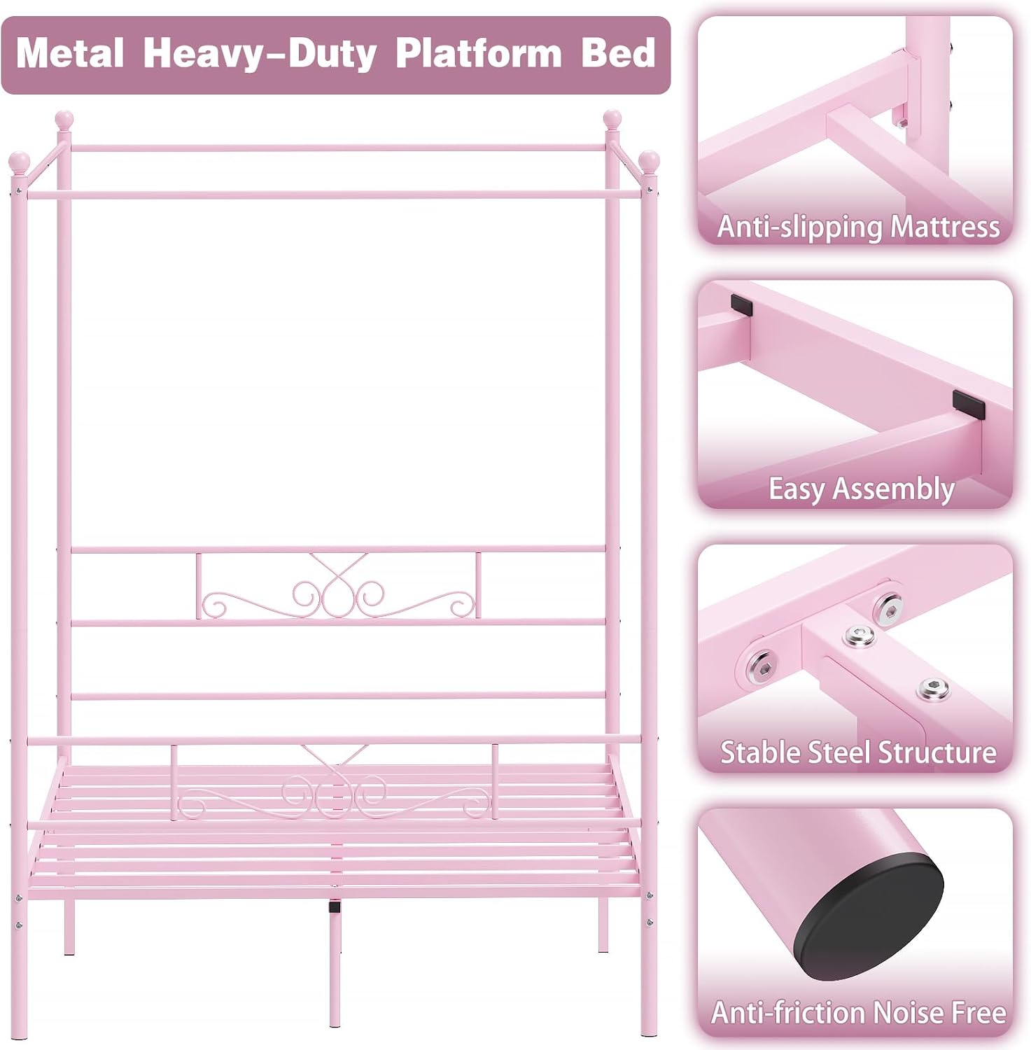 Weehom Full Canopy Bed Frame with Headboard and Footboard, 4 Posters Metal Bed Frame, No Box Spring Needed, Mattress Foundation Platform Bed for Kids and Adults, Pink