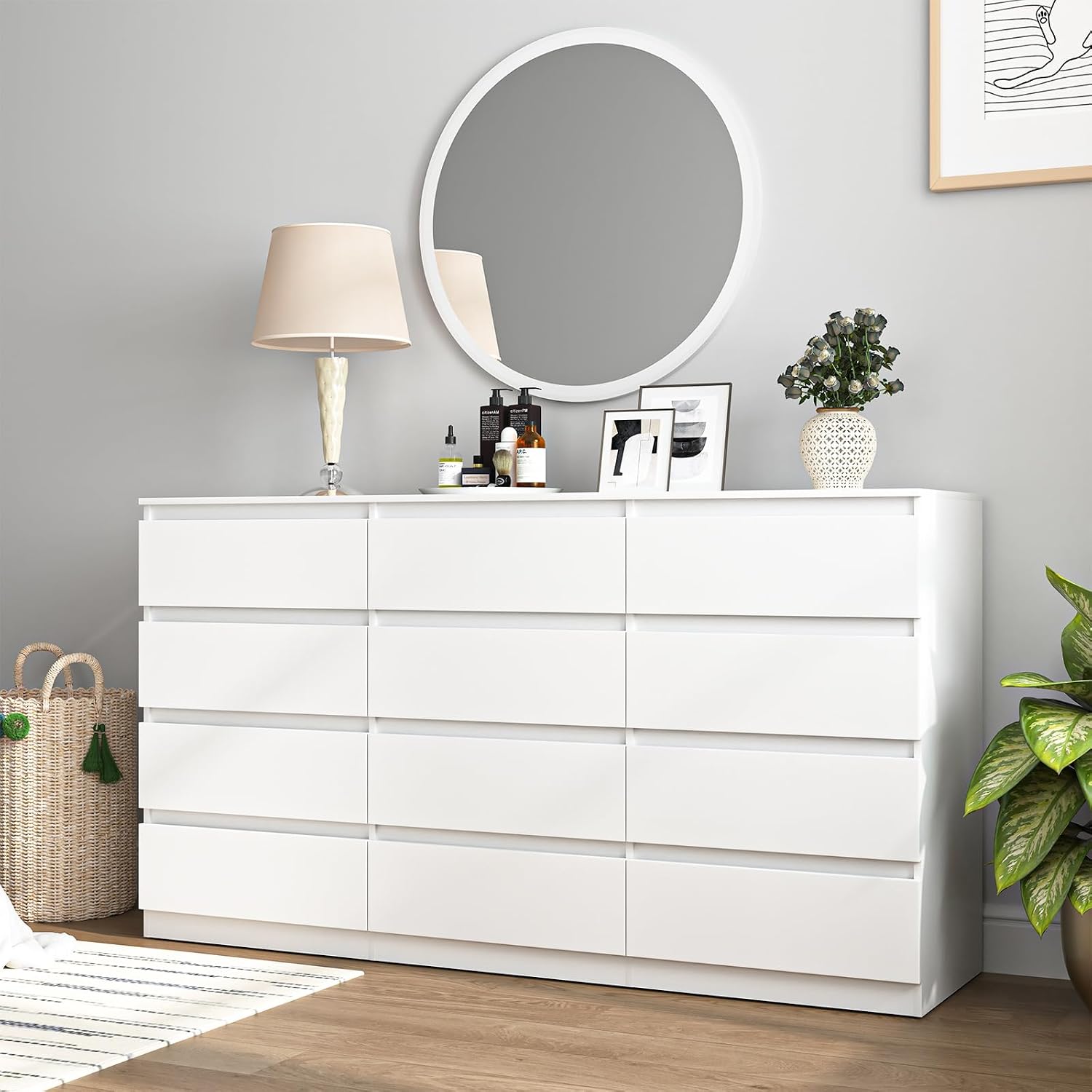Vibe & Dine White Dresser 12 Drawer, Modern Long Dresser for Bedroom, Wood Chest of Drawers with Wide Storage for Living Room