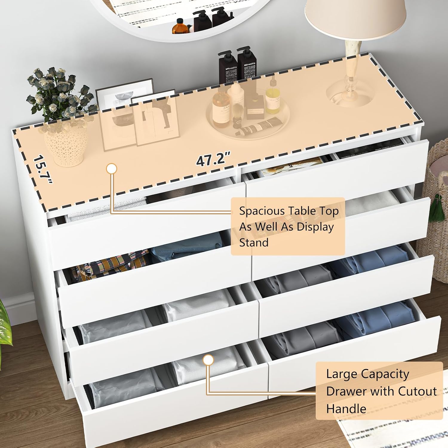 Vibe & Dine 8 Drawer Double Dresser, Modern Chest of Drawers with Wide Storage for Closet, Bedroom, Living Room, White