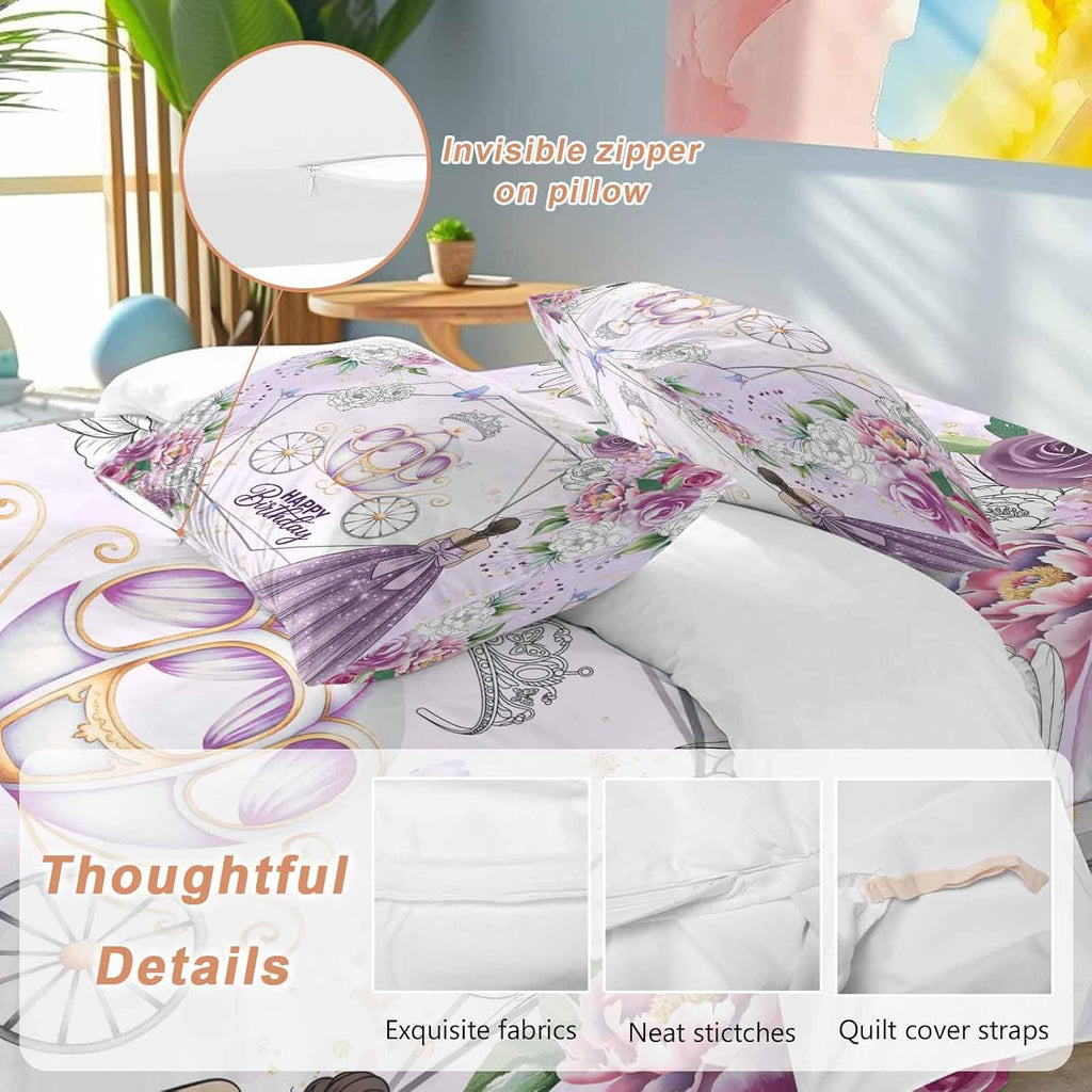 Happy Birthday Duvet Cover Queen Size - 4 Pieces Bedding Set, Purple Luxury Dress Crown Carriage Flowers Bedding Comforter Covers Zipper Closure, 1 Duvet Covers 1 Fitted Sheet 2 Pillow Shams