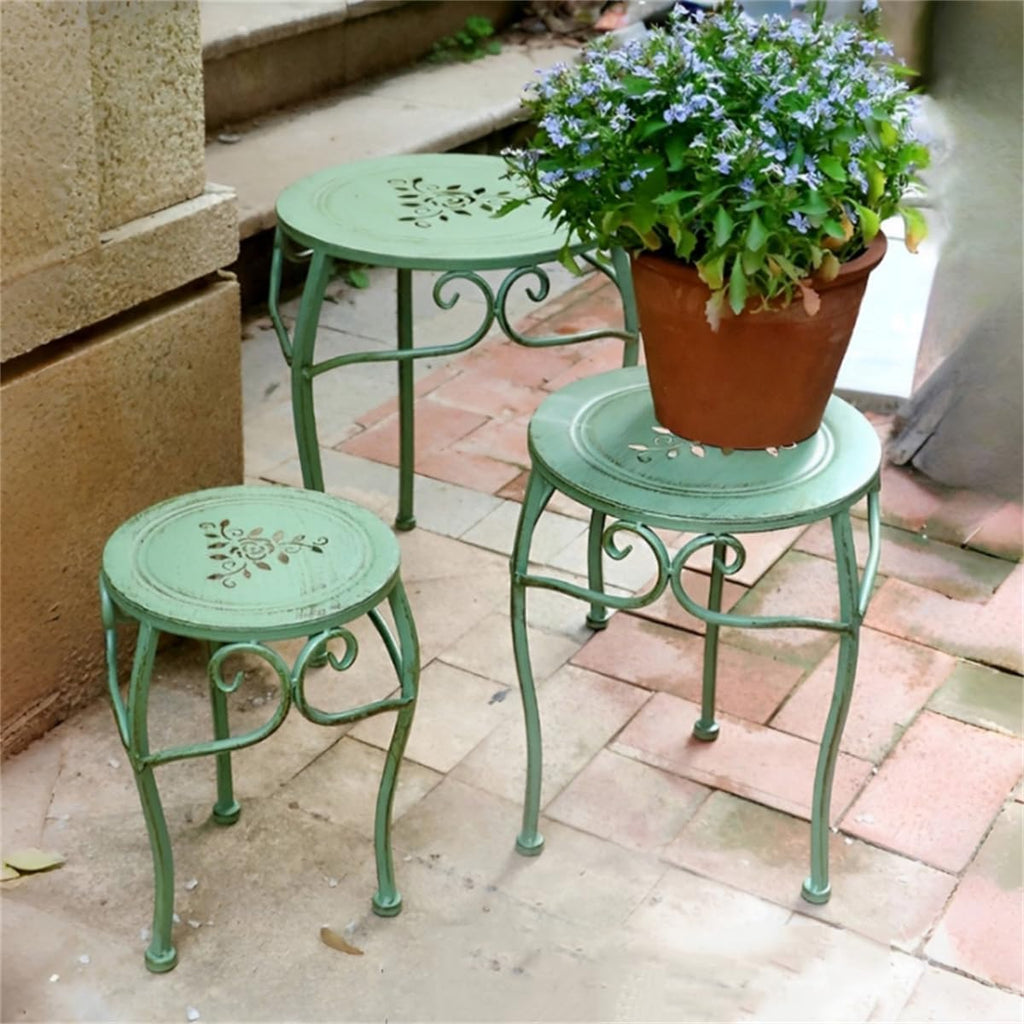 3Pcs Floor-Standing Flower Bench, Outdoor Cast Iron Flower Stand,Heavy Duty Wrought Iron Flower Pot Stand,Outdoor Garden Potting Bench Table,for Courtyard Garden Living Room,A