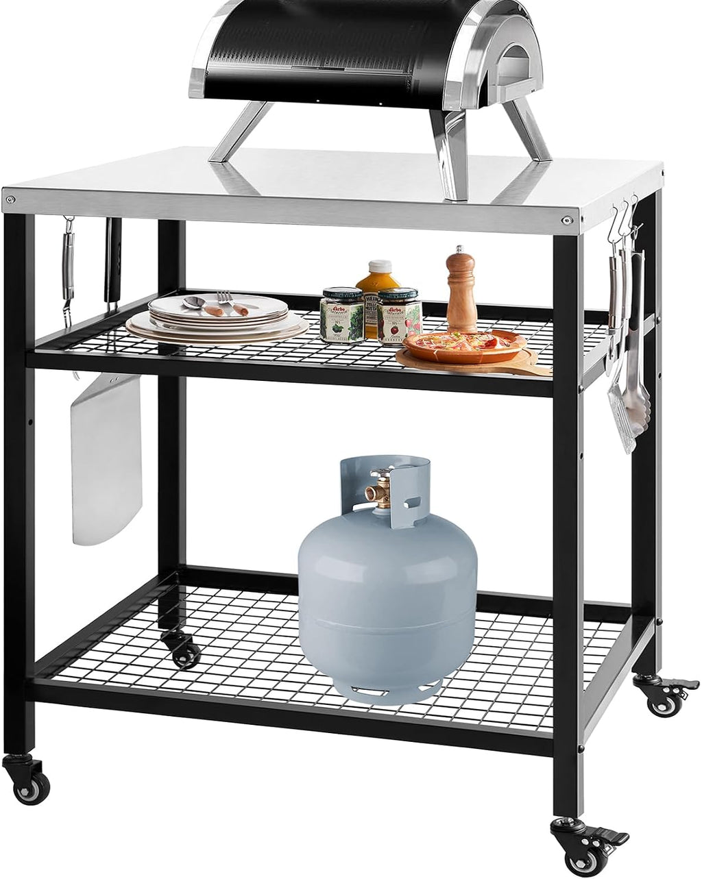 Stainless Steel Grill Cart with Cover Pizza Oven Stand with Water-proof Cover Trolley Table with Wheels Three-Shelf Movable Food Prep and Work Table Heavy Duty Grill Cart Outdoor 31.5'×24'×35.5'