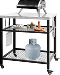 Stainless Steel Outdoor Grill Cart Pizza Oven Stand Trolley Table with Wheels Three-Shelf Movable Food Prep and Work Table Heavy Duty Grill Carts Outdoor Cart 31.5'×24'×35.5'