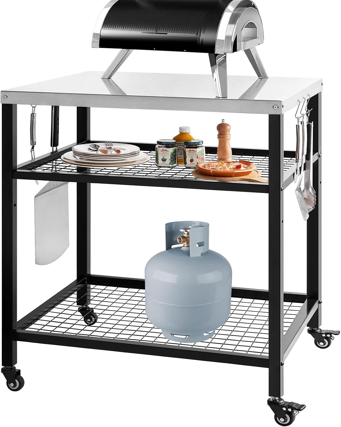 Stainless Steel Outdoor Grill Cart Pizza Oven Stand Trolley Table with Wheels Three-Shelf Movable Food Prep and Work Table Heavy Duty Grill Carts Outdoor Cart 31.5'×24'×35.5'