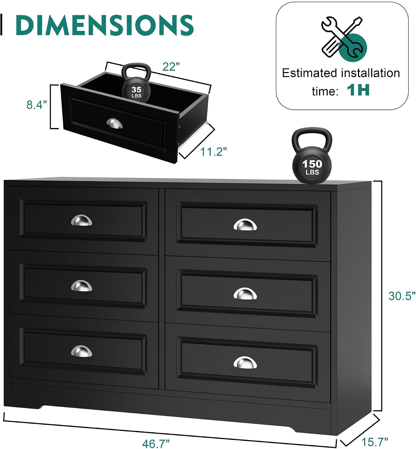 Shintenchi Dresser for Bedroom with 6 Drawers,Double Dresser & Chest of Drawers Wooden Organizer with Metal Handle, Storage TV Stand for Living Room,Black