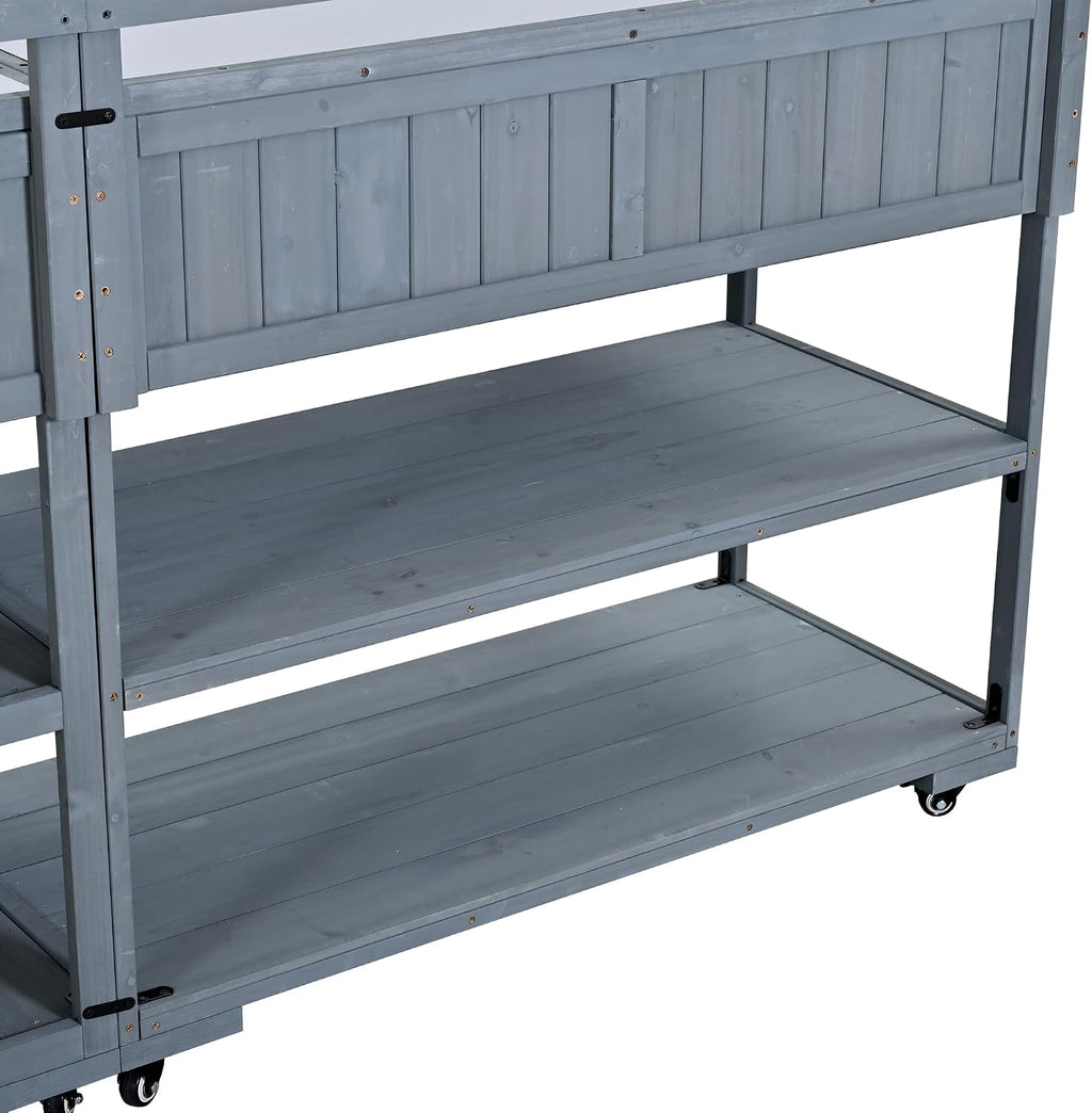 Polibi 62.3' Outdoor Kitchen Island Solid Wood BBQ Cart with Stainless Steel Top & Drawers, Heavy Duty Patio Prep Table on Wheels, 2-in-1 Garden Potting Bench for Parties, Gray