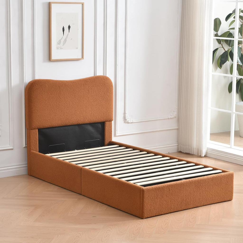 VELOCAVA Twin Size Lift-Up Storage Bed, Modern Upholstered Boucle Bed with Curved Headboard, Gas Lift Platform, Sturdy Wooden Slat Support, No Box Spring Needed, Easy Assembly, Rust Brown