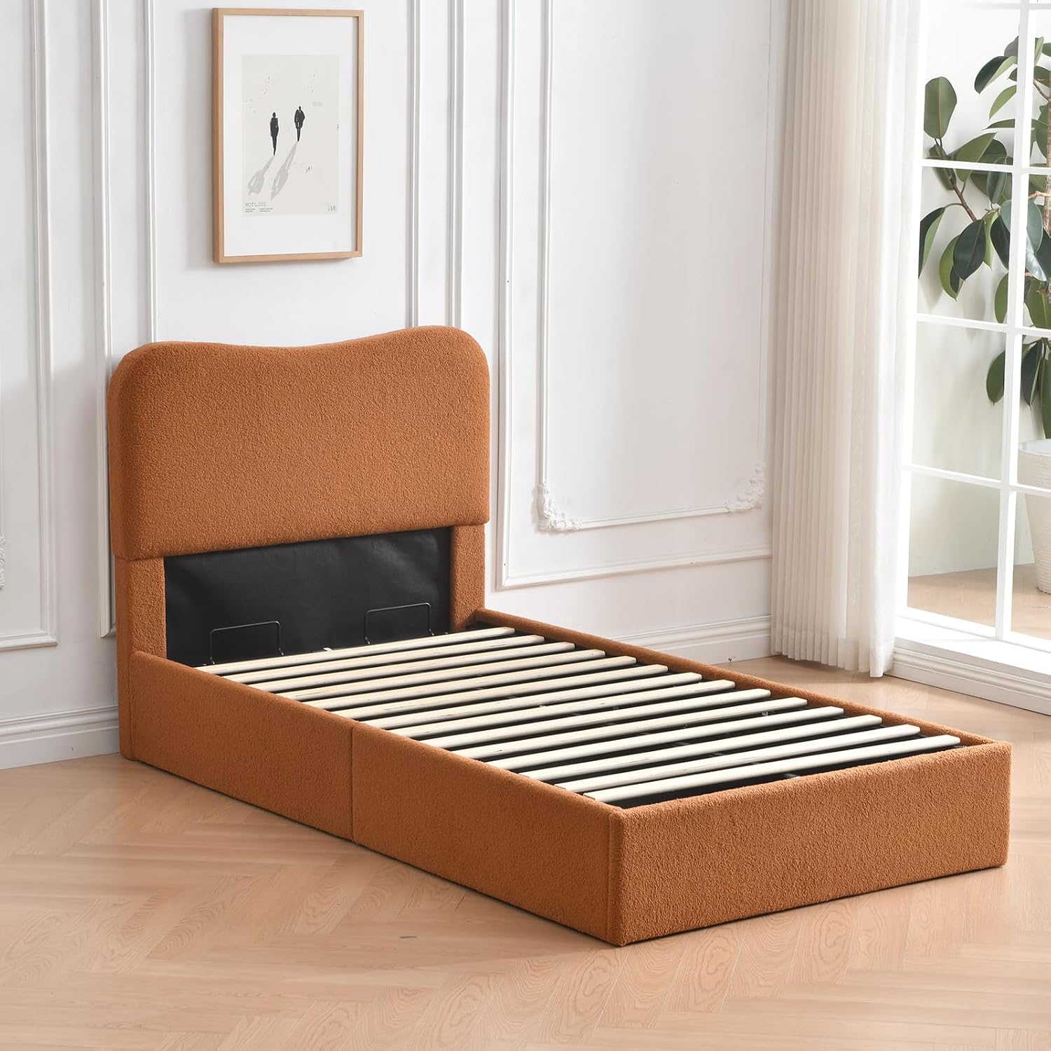 VELOCAVA Twin Size Lift-Up Storage Bed, Modern Upholstered Boucle Bed with Curved Headboard, Gas Lift Platform, Sturdy Wooden Slat Support, No Box Spring Needed, Easy Assembly, Rust Brown