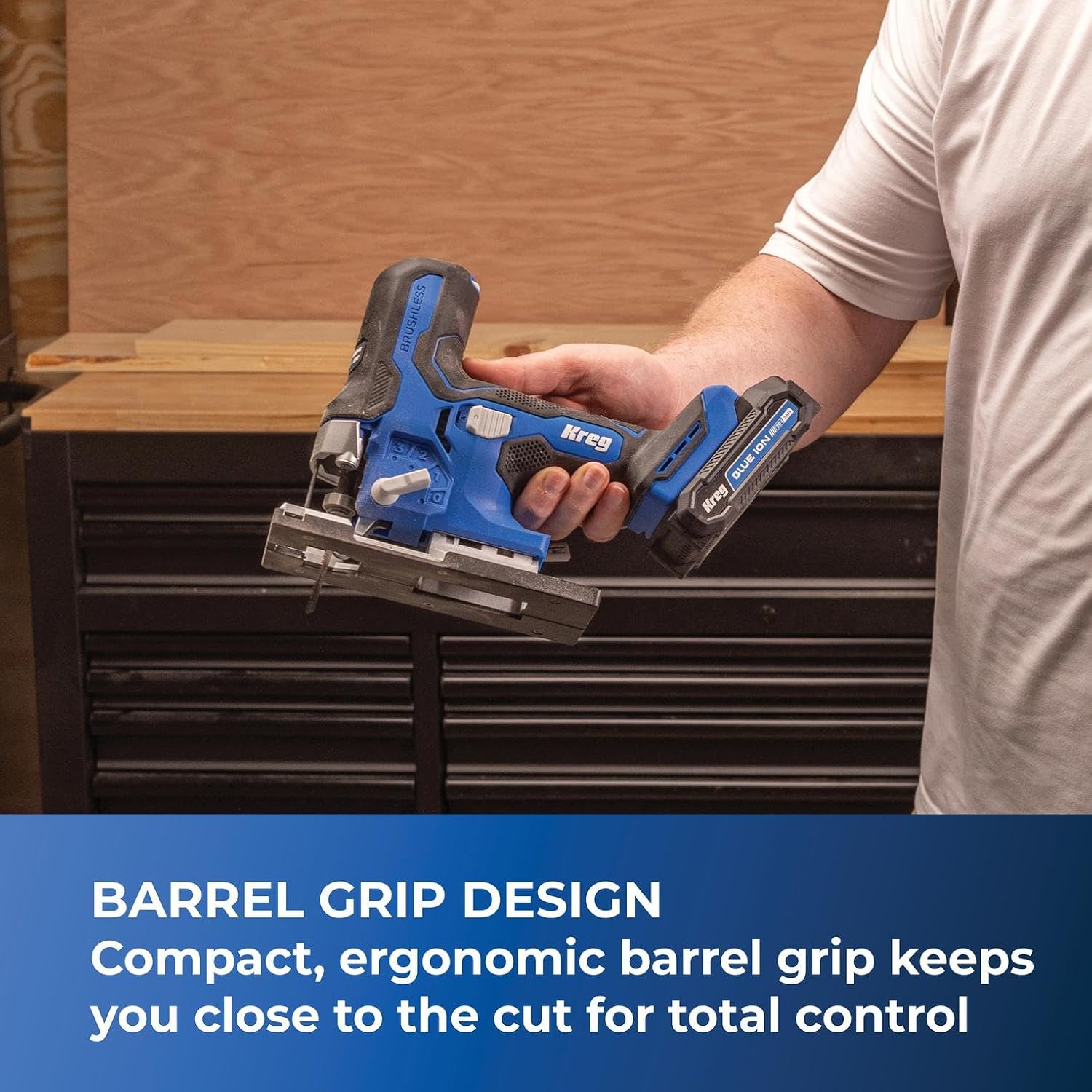 Kreg 20V Ionic Drive Barrel Grip Jigsaw, 20V Blue Ion Charger & Blue Ion 2Ah Battery Pack - Cordless & Compact - Precision Cutting - 20V Variable Speed - LED Lights & Built-In Blower - KPTBJS100A