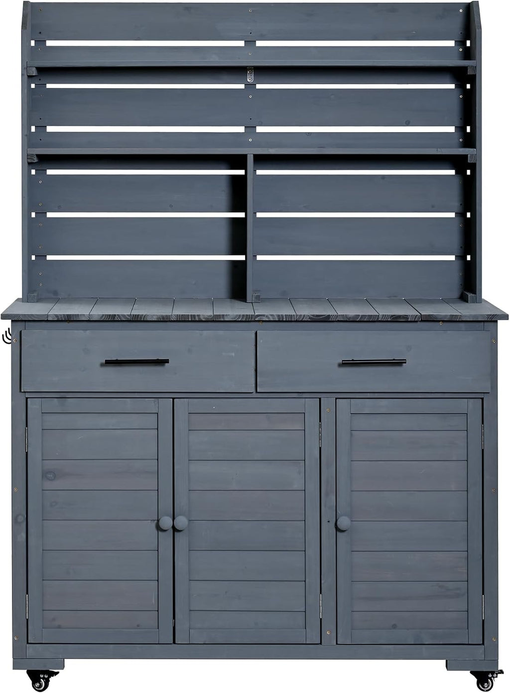 LUMISOL Garden Storage Potting Bench with Lockable Wheels, 65'' H Patio Workstation with Hutch Top, Outdoor Kitchen Island with Drawers, Removal Shelves, and Storage Cabinets, for Grilling, Gray