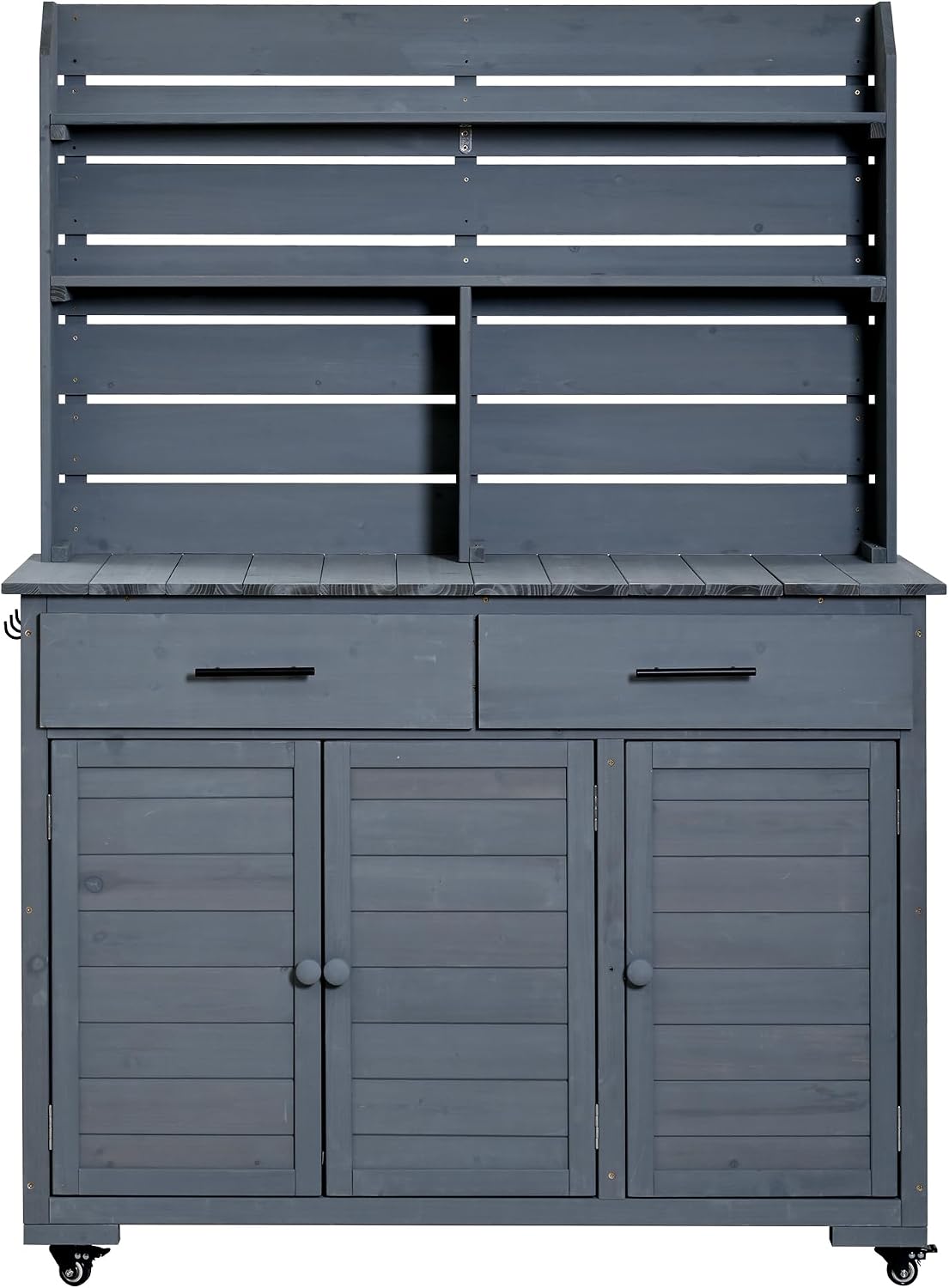 LUMISOL Garden Storage Potting Bench with Lockable Wheels, 65'' H Patio Workstation with Hutch Top, Outdoor Kitchen Island with Drawers, Removal Shelves, and Storage Cabinets, for Grilling, Gray