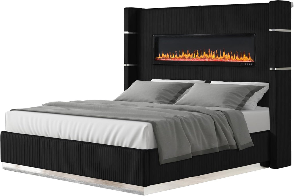 GOWE LIZZELLE Upholstery Wooden King 4 PC Bedroom Set with Ambient Lighting in Black Velvet Finish (NJ Inventory)