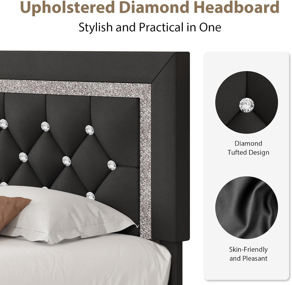 BarnFurin Queen Bed Frame with Tufted Button Headboard, Upholstered Platform Bed Frame with Diamond Design, Wood Slat Support, No Box Spring Needed, Easy Assembly, Black