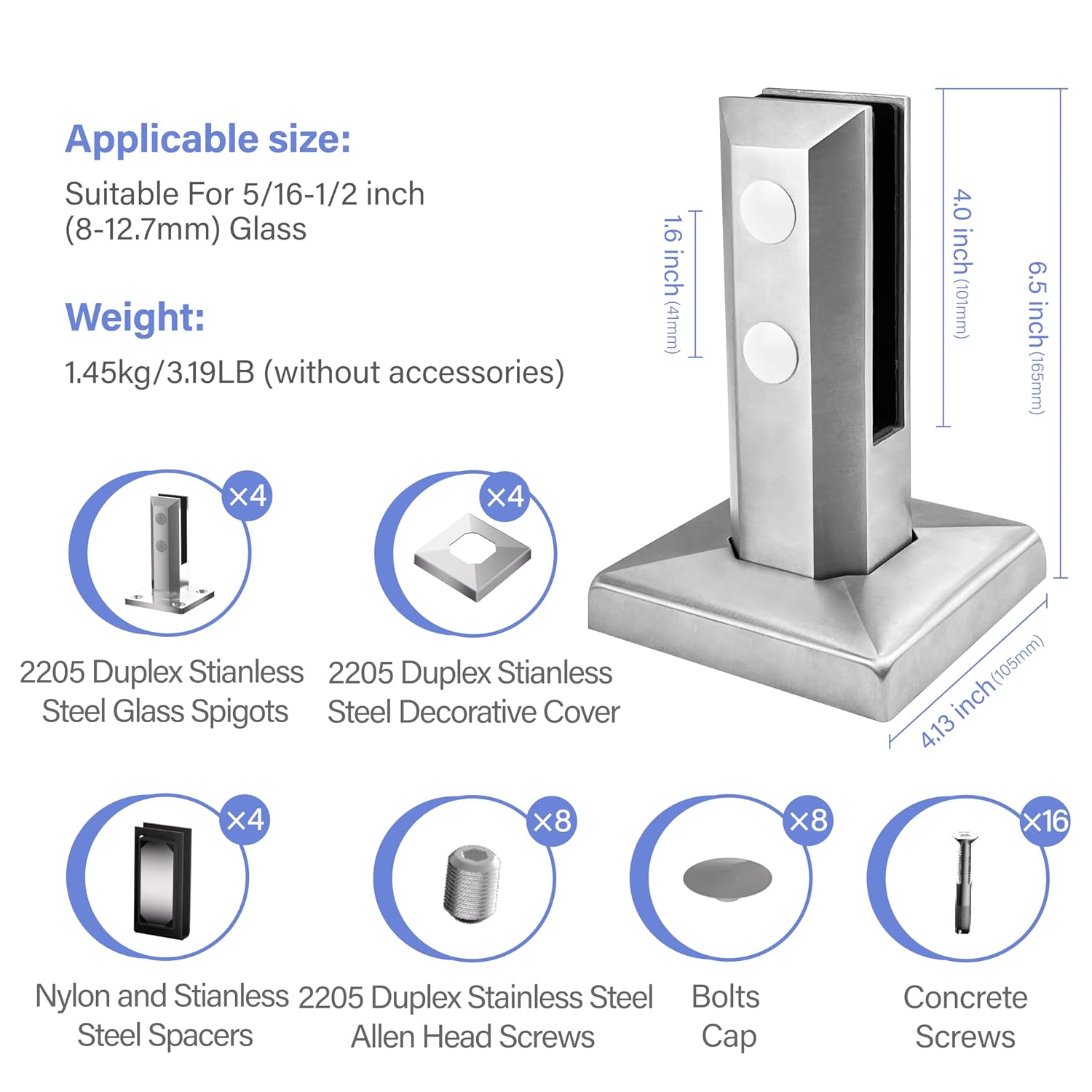 Glass Railing Spigot,4 Pack 2205 Stainless Steel 1450g Heavy Duty Square Pool Fence Glass Railing Spigots Clamp Railing Post for Home Garden Stairs Balustrade Railing Balcony
