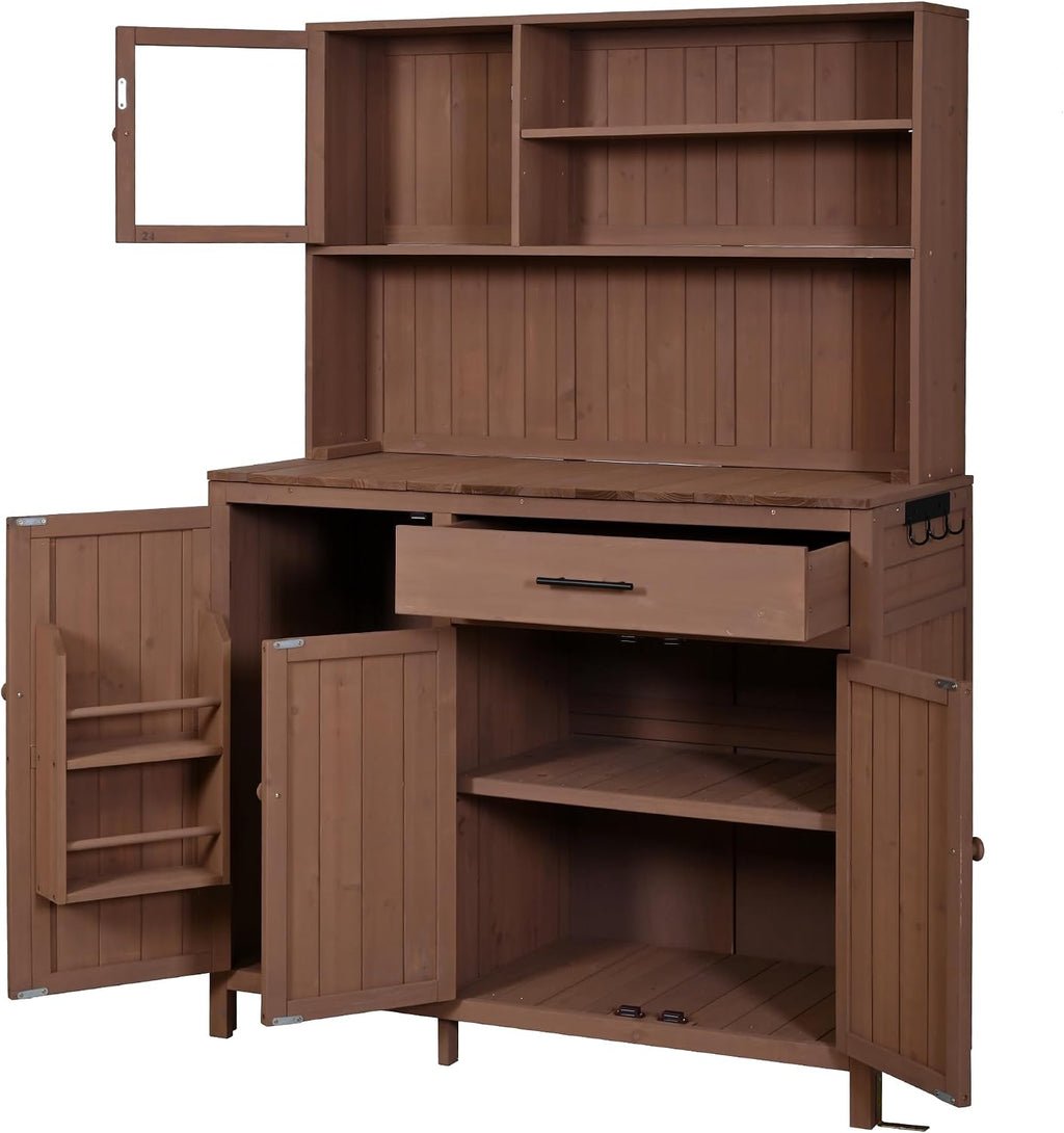 Merax Outdoor Garden Potting Bench with Hutch, 65' H Solid Fir Wood Patio Garden Workstation Tabl with Large Countertop, Adjustable Shelves, Door Rack, Side Hook and Drawer, Brown