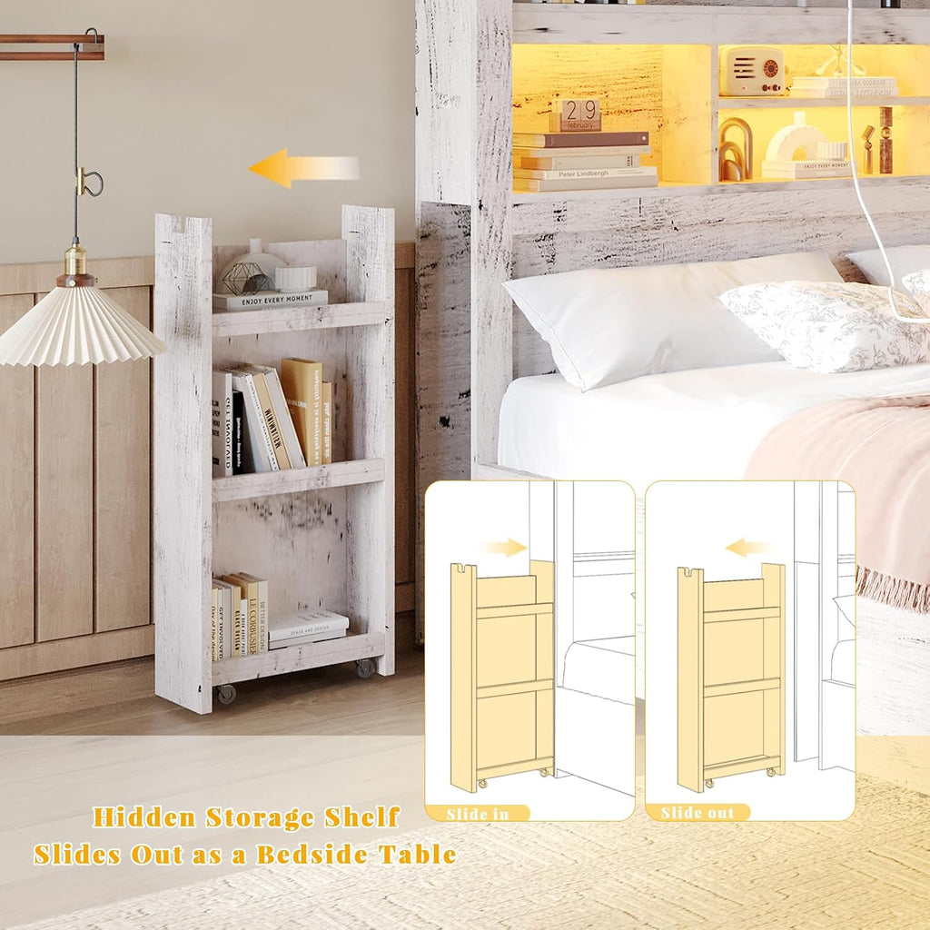 LUXOAK King Bed Frame with 49.6' Bookcase Headboard & 2 Bedside Stoage Racks & 4 Drawers, Farmhouse Wood Bed Frame with RGB LED & Charging Station, No Box Spring Needed, Distressed White