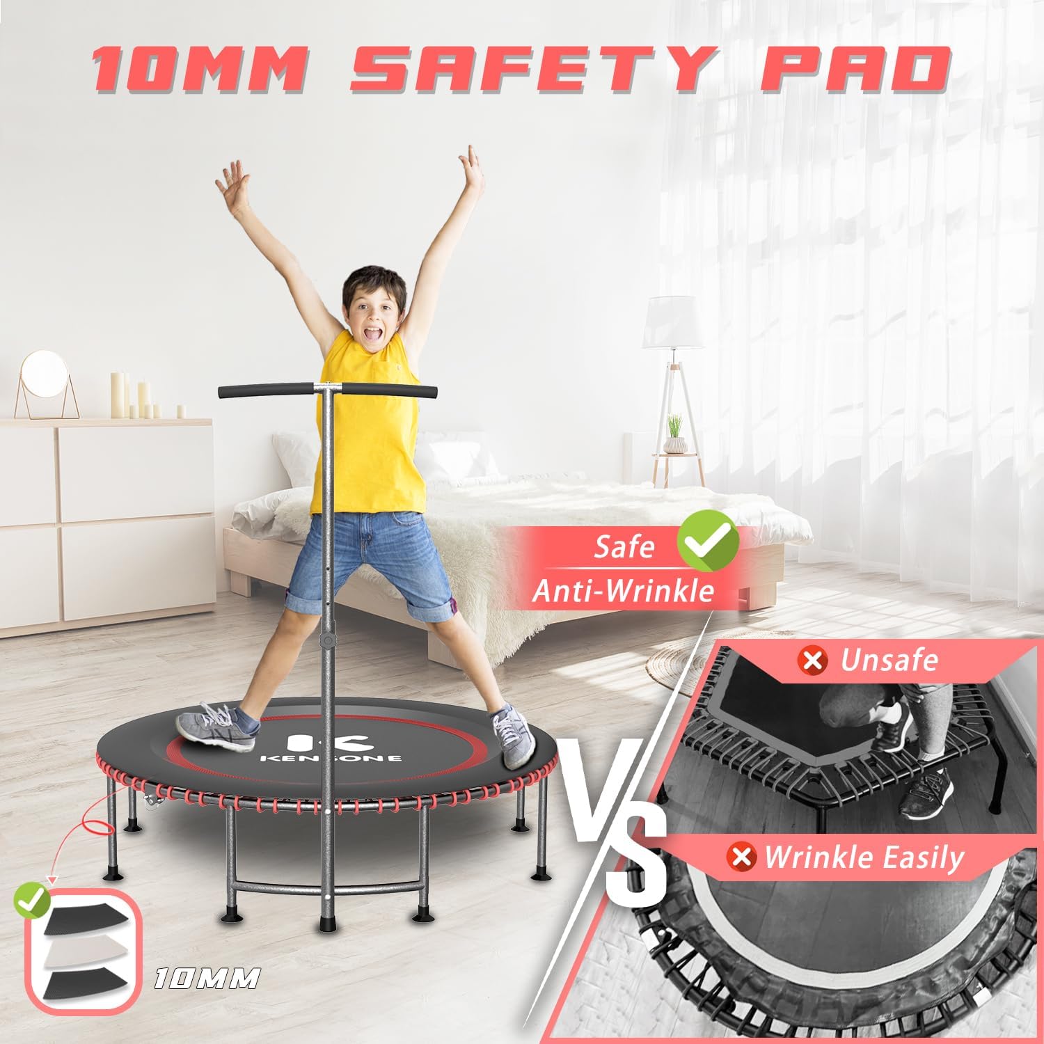 K KENSONE 40/48' Low-Impact Rebounder Trampoline for Adults with Bungee, 450/550LBS Quiet Mini Exercise Trampoline with Adjustable U/T-Shaped Foam Handle Bar, Fitness Equipment for Indoor/Gym Workout