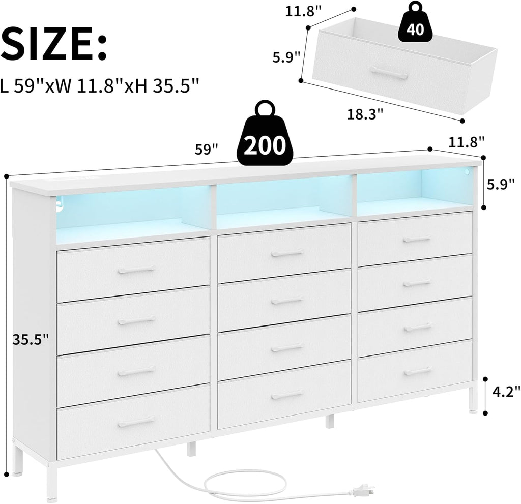 Dresser for Bedroom White Bedroom Dresser with LED Lights and Charging Station, 12 Long Fabric Drawers Dressers, Vertical Chest of Drawers Storage Organizer TV Stand for up to 65' TV for Living Room