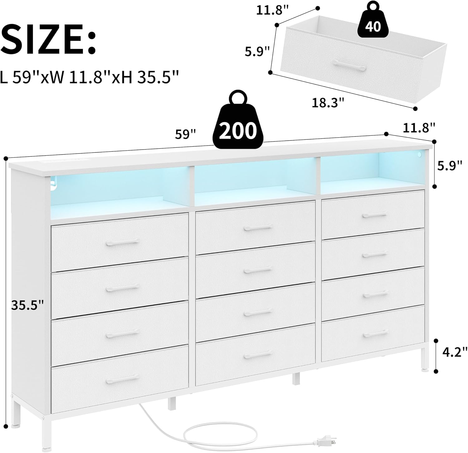 Dresser for Bedroom White Bedroom Dresser with LED Lights and Charging Station, 12 Long Fabric Drawers Dressers, Vertical Chest of Drawers Storage Organizer TV Stand for up to 65' TV for Living Room