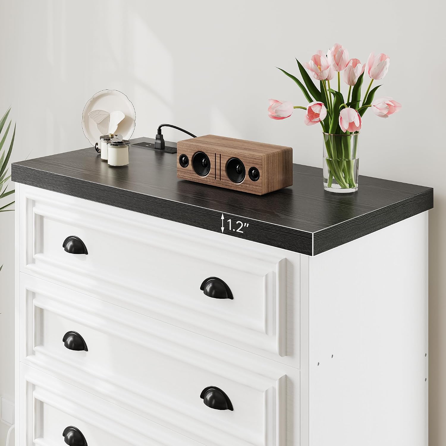 LIKIMIO 5-Drawer 43' Tall Dresser with Built-in Charging Station - Farmhouse Style Bedroom Storage Cabinet, Black &White