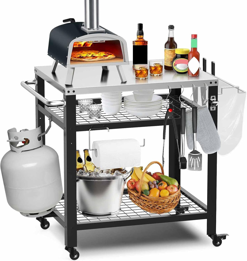 M METERXITY Stainless Steel Pizza Oven Table for Ooni, 650lbs Outdoor Grill Cart with Wheels and Handle, 32'x 24' Three-Shelf Food Prep Cart for Griddle, Movable Outdoor Pizza Cart