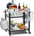 M METERXITY Stainless Steel Pizza Oven Table for Ooni, 650lbs Outdoor Grill Cart with Wheels and Handle, 32'x 24' Three-Shelf Food Prep Cart for Griddle, Movable Outdoor Pizza Cart