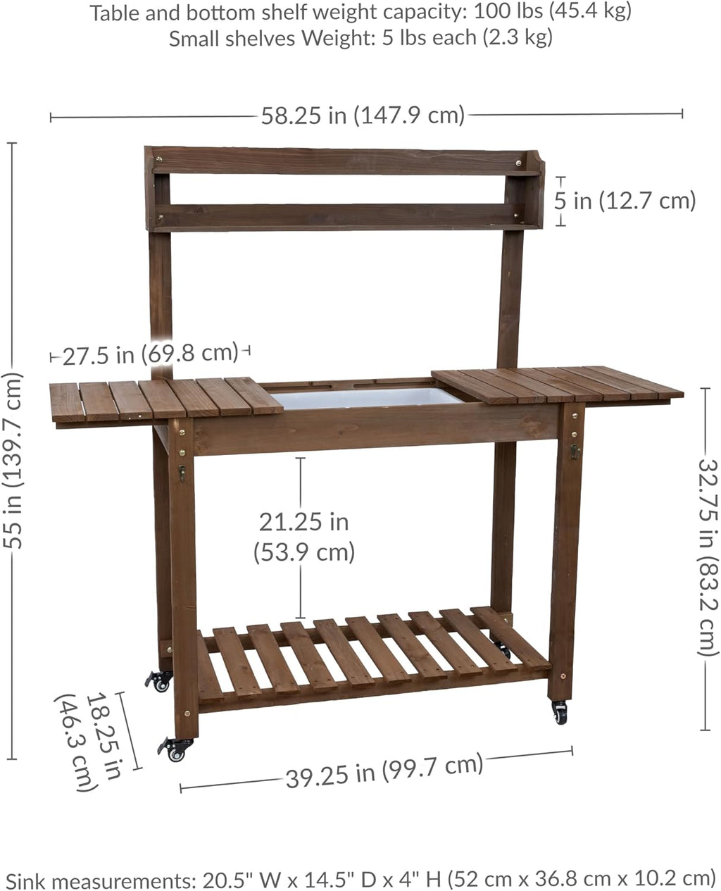 Sunnydaze Wheeled Garden Potting Bench with Sink - Outdoor Potting Table - Garden Table with Planting Station and Hooks - Brown