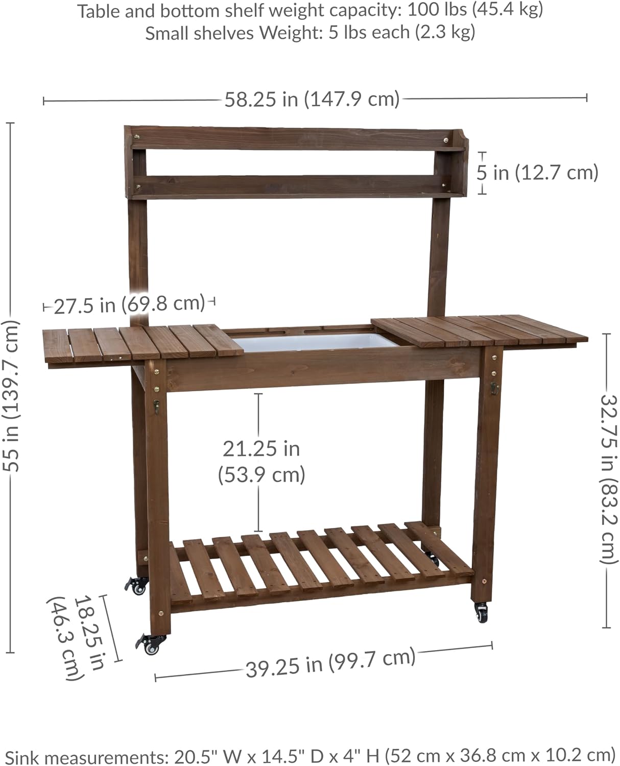Sunnydaze Wheeled Garden Potting Bench with Sink - Outdoor Potting Table - Garden Table with Planting Station and Hooks - Brown
