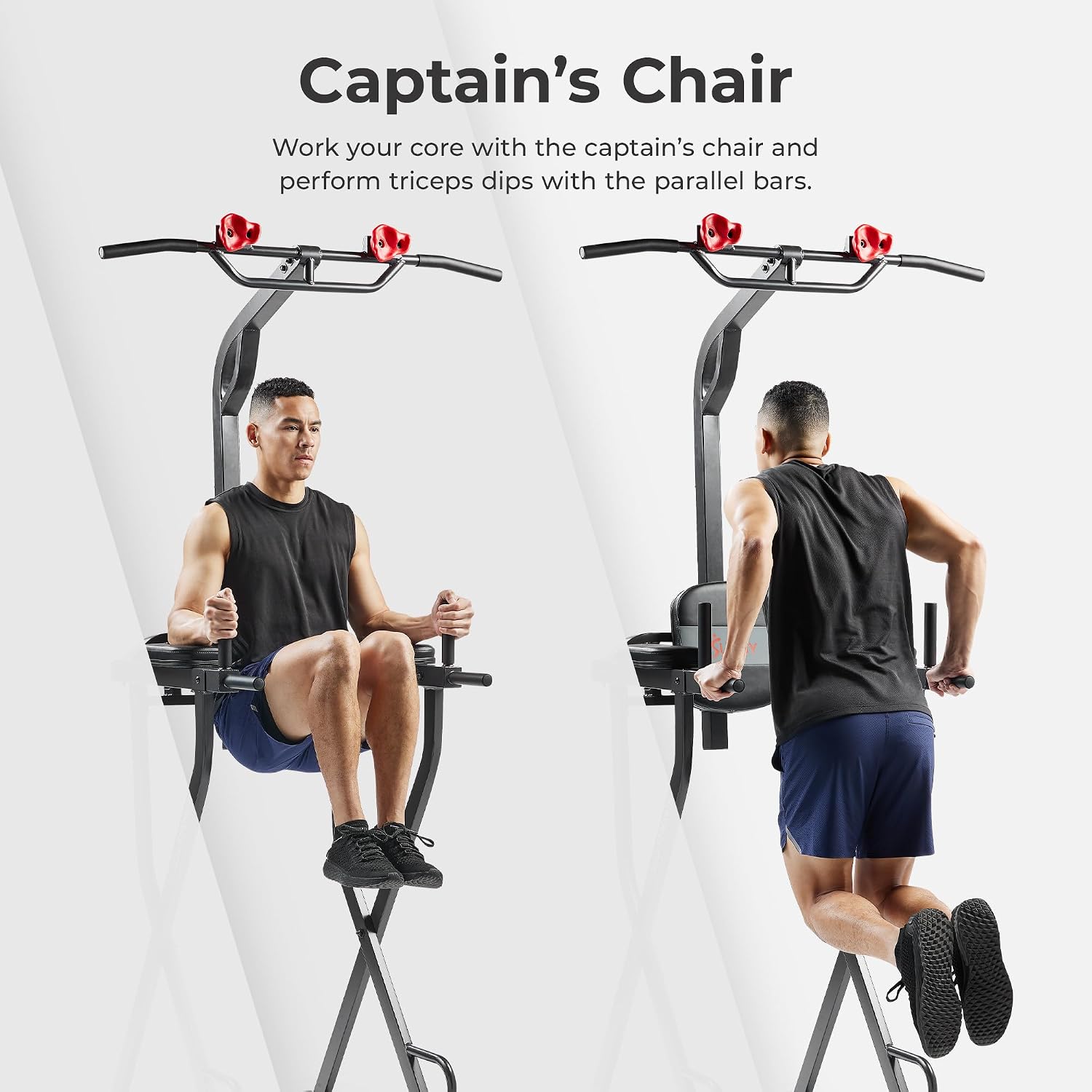 Sunny Health & Fitness Power Tower Dip Station & Pull-Up Bar, Multi-Function Strength Training Equipment with Captain's Chair, Push-Up Bars & Core Workout for Home Gym
