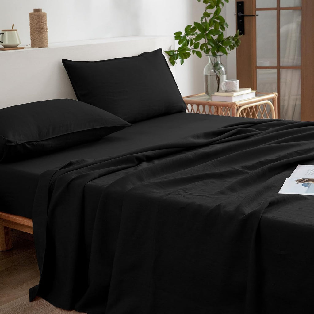 EVERLY Linen Sheets Set Full Size,100% French Stonewash Pure Linen Sheets Set,4Pieces (1Flat Sheet,1Fitted Sheet,2Pillowcase) Suitable for Hot Sleepers,Deep Pocket Natural Bedding Set-Black