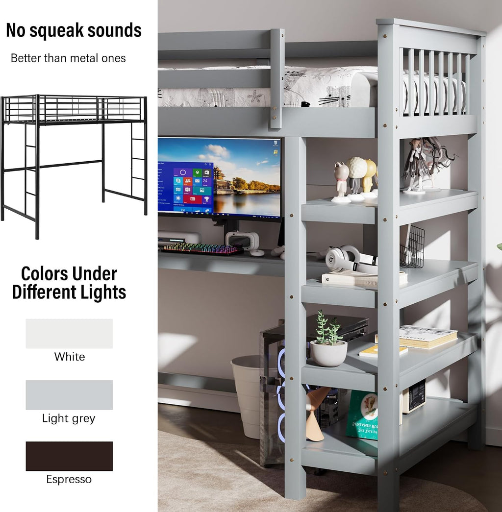 Merax Wood Loft Bed with Desk : Twin Size Loft Bed with 4-Storage Shelves and Under Bed Desk Solid Wood Bed, Grey