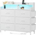 Lulive White Dresser for Bedroom 6 Drawers - Fabric Dressers for Bedroom with LED Light & Charging Station - Adults Chest of Drawers for Living Room Hallway Closet (White)