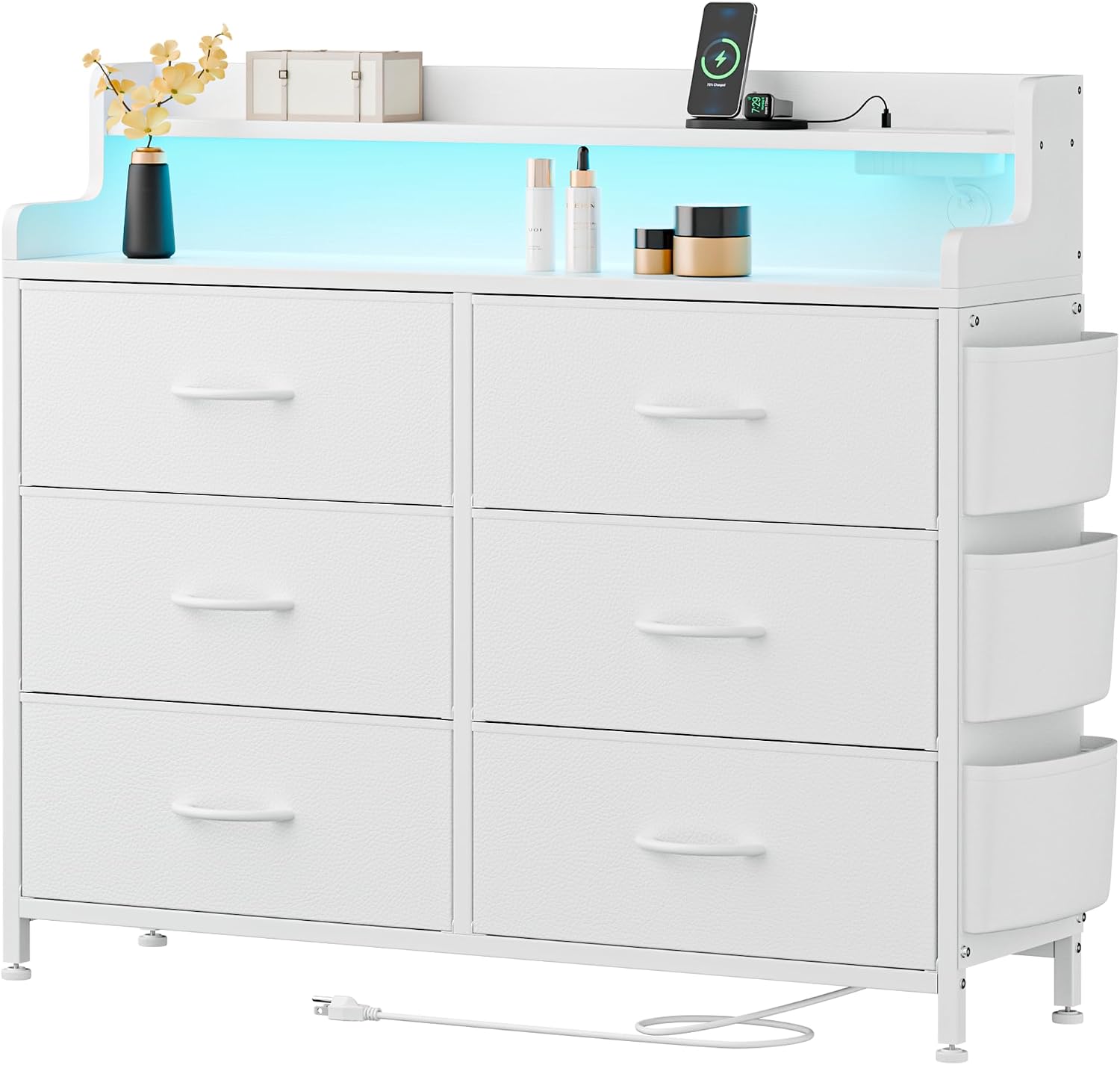 Lulive White Dresser for Bedroom 6 Drawers - Fabric Dressers for Bedroom with LED Light & Charging Station - Adults Chest of Drawers for Living Room Hallway Closet (White)
