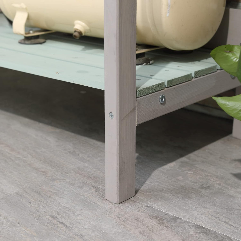 Outdoor Wooden Potting Bench Table with Removable Sink, GWork Bench with Chalkboard, Drawer, Open Shelf Storage, Light Gray
