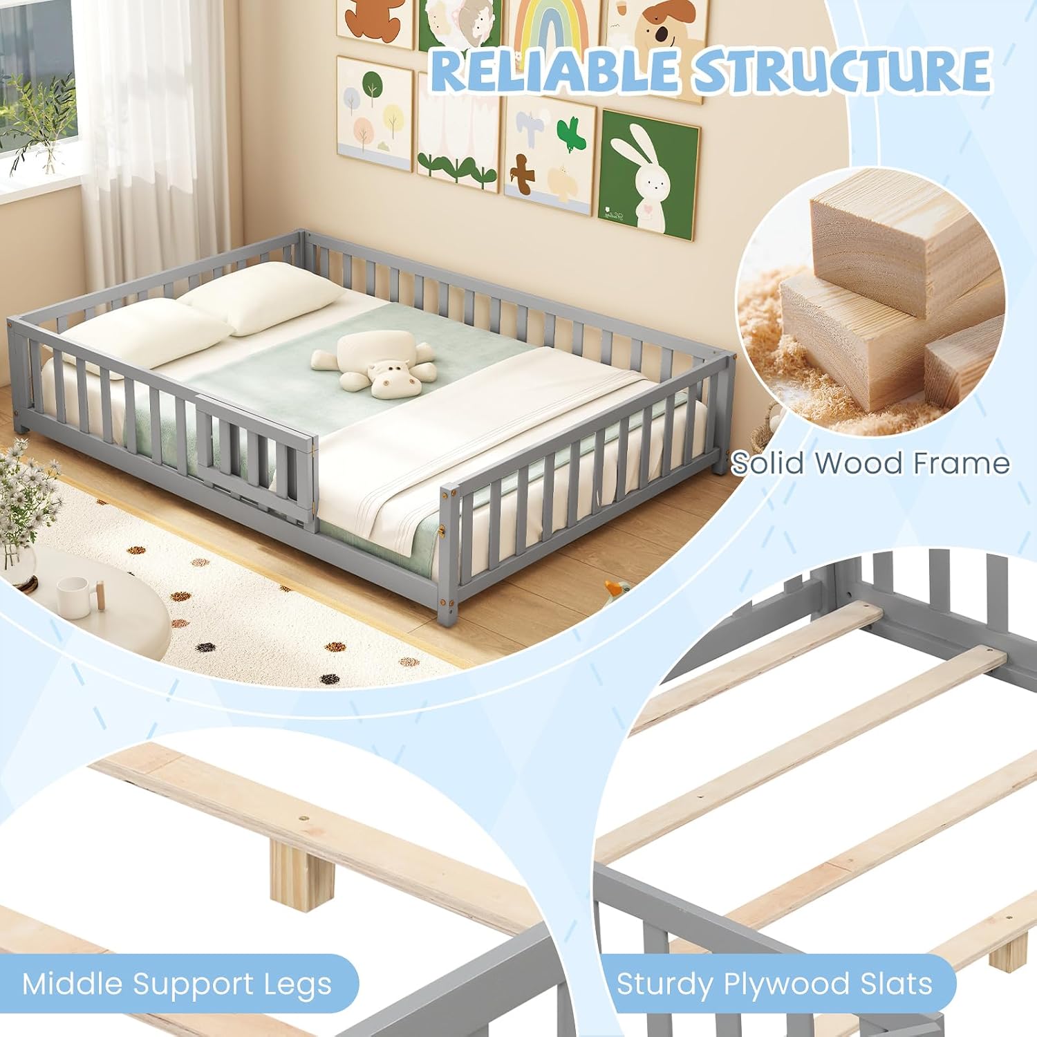 Giantex Full Size Floor Bed for Kids, Low Montessori Bed with Wood Slats & Safety Guardrails, Solid Wood Full Floor Beds with Fence and Door for Kids Boys Girls, Grey