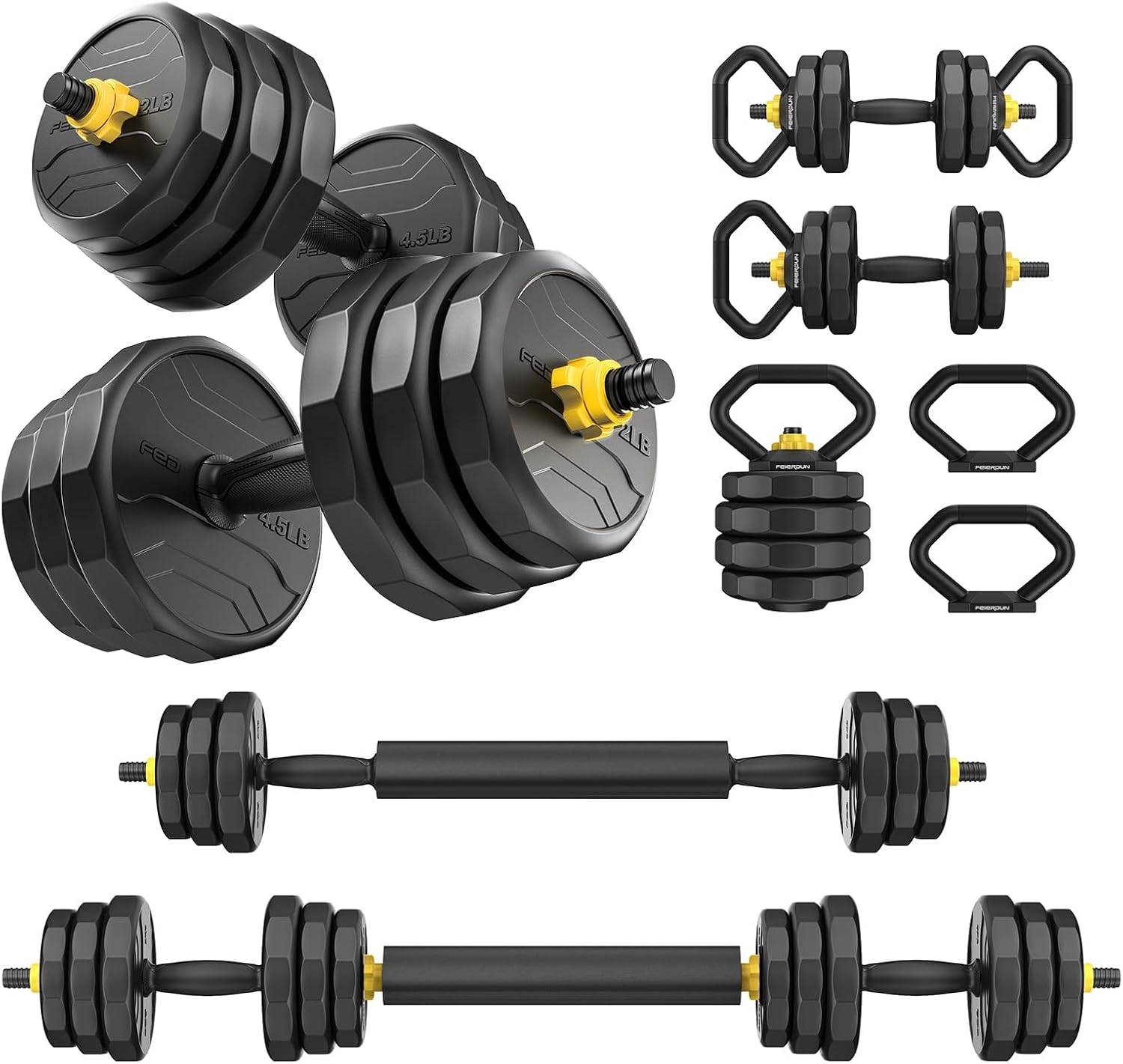 FEIERDUN Adjustable Dumbbells Set, 48/68/88lbs Free Weight Set with 4 Modes, Used as Barbell, Kettlebells, Push up Stand, Fitness Exercises for Home Gym Suitable Men/Women
