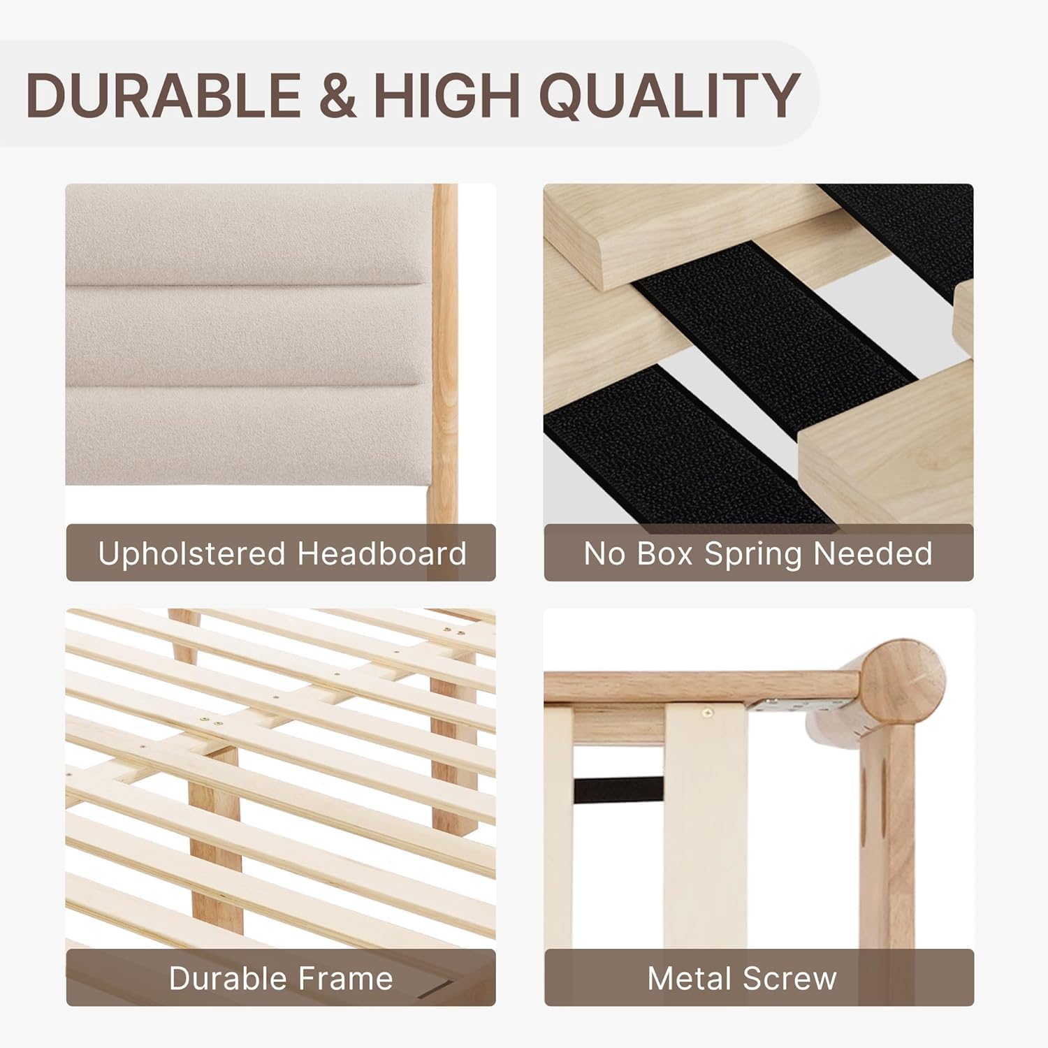 A Complete Set of Full-Size Furniture, Featuring A Wooden Bed Frame with Two Bedside Tables, Suitable for A Bedroom.(Oat)