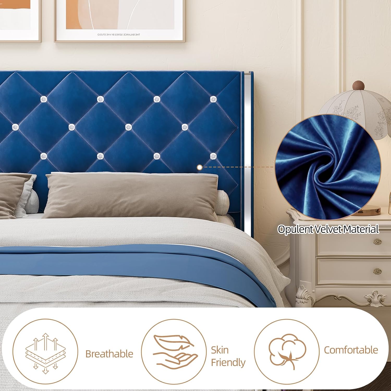HOMBCK King Size Bed Frame with Headboard, Upholstered Bed with Diamond Tufted Design Design, Modern King Size Bed with Wingback, No Box Spring Needed, Easy Assembly, Blue